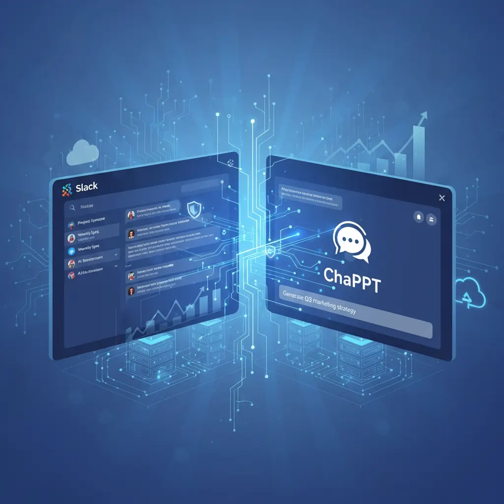Modern split-screen illustration showing Slack workspace interface connected to ChatGPT AI assistant through glowing integration pathways, featuring security shields, enterprise technology symbols, and productivity metrics, representing secure AI-powered 