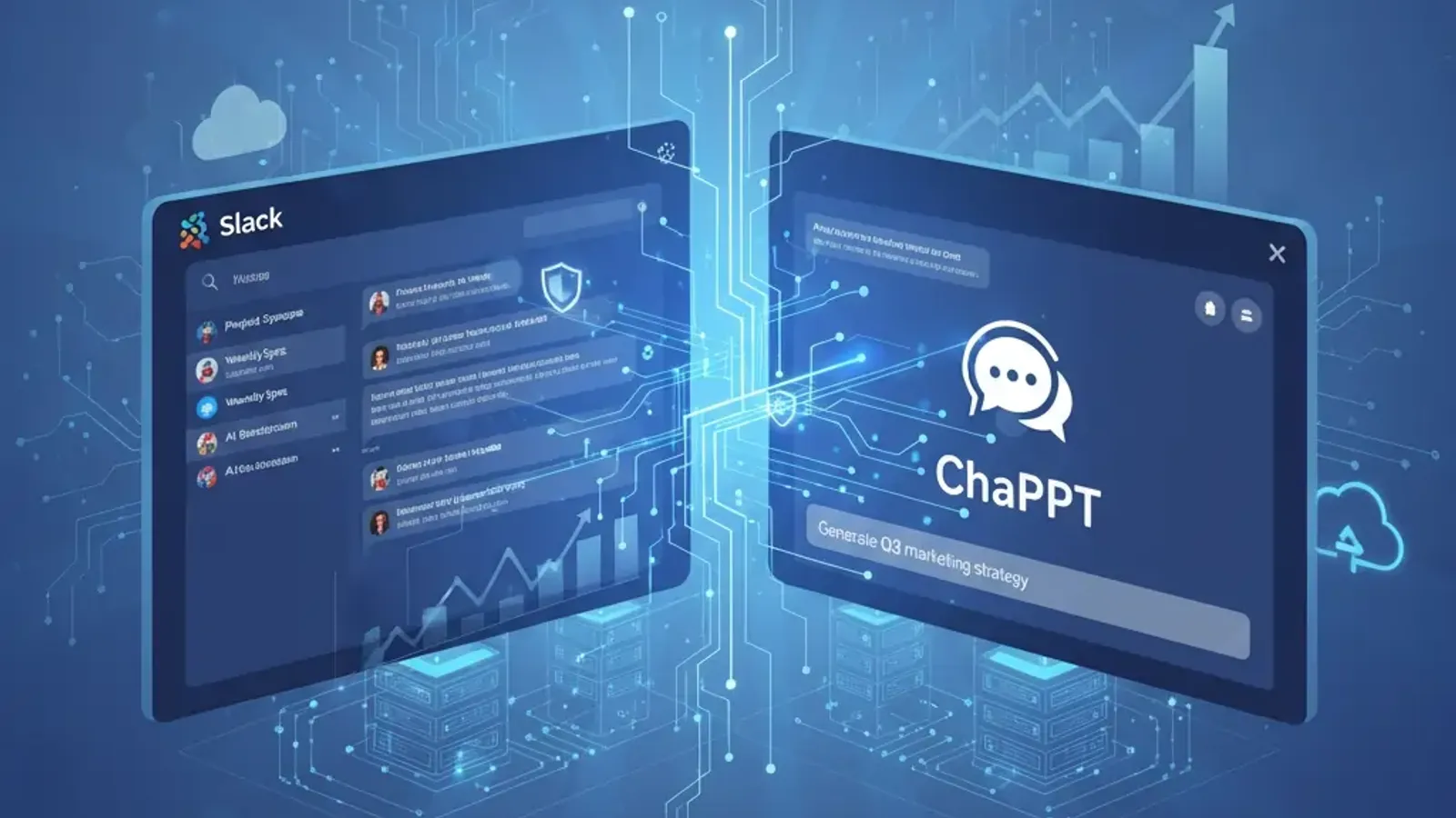 Modern split-screen illustration showing Slack workspace interface connected to ChatGPT AI assistant through glowing integration pathways, featuring security shields, enterprise technology symbols, and productivity metrics, representing secure AI-powered
