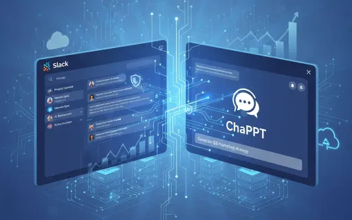 Modern split-screen illustration showing Slack workspace interface connected to ChatGPT AI assistant through glowing integration pathways, featuring security shields, enterprise technology symbols, and productivity metrics, representing secure AI-powered 