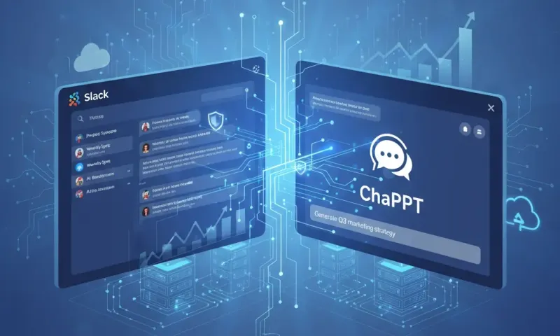 Modern split-screen illustration showing Slack workspace interface connected to ChatGPT AI assistant through glowing integration pathways, featuring security shields, enterprise technology symbols, and productivity metrics, representing secure AI-powered 