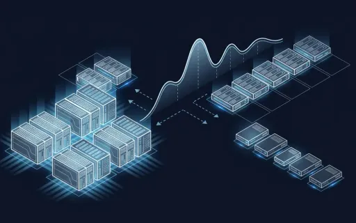 Isometric diagram of an elastic Linux server fleet auto-scaling up and down against a fluctuating demand curve