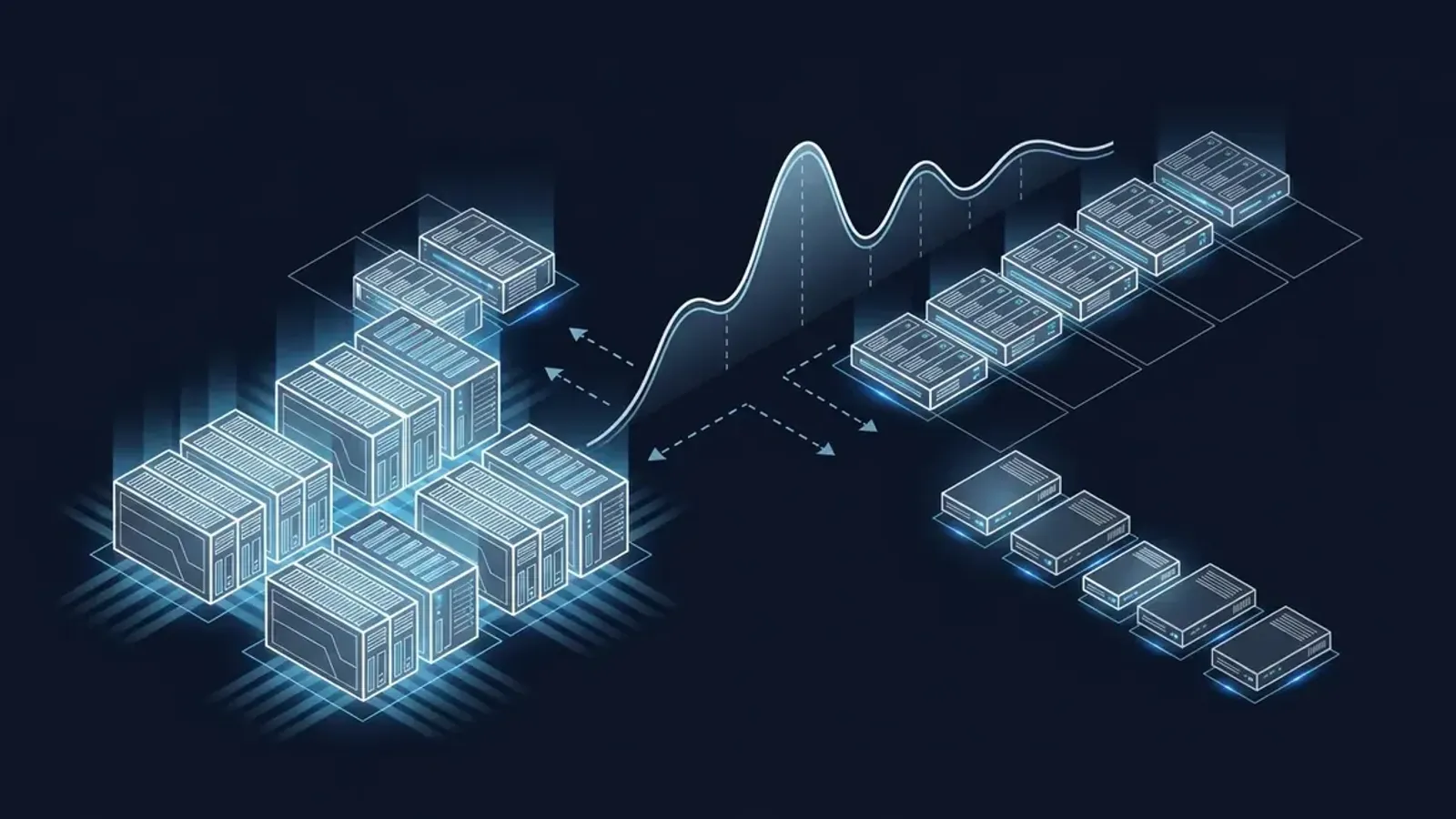 Isometric diagram of an elastic Linux server fleet auto-scaling up and down against a fluctuating demand curve