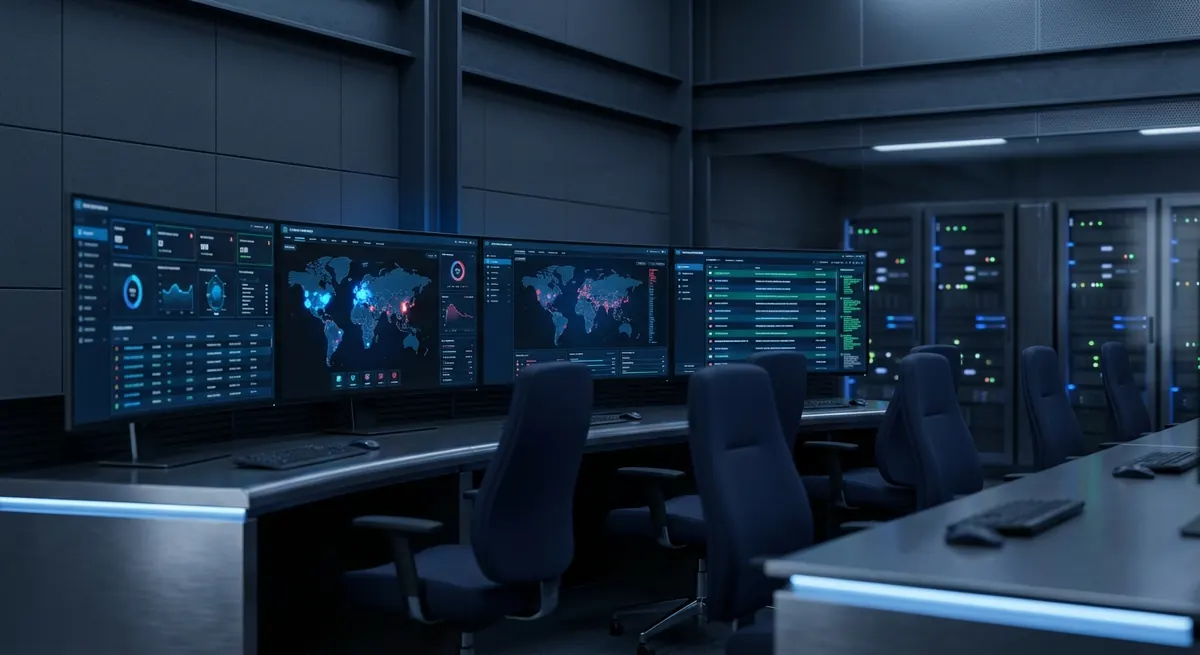 Modern security operations center with multiple monitoring screens displaying cybersecurity threat dashboards and global threat maps