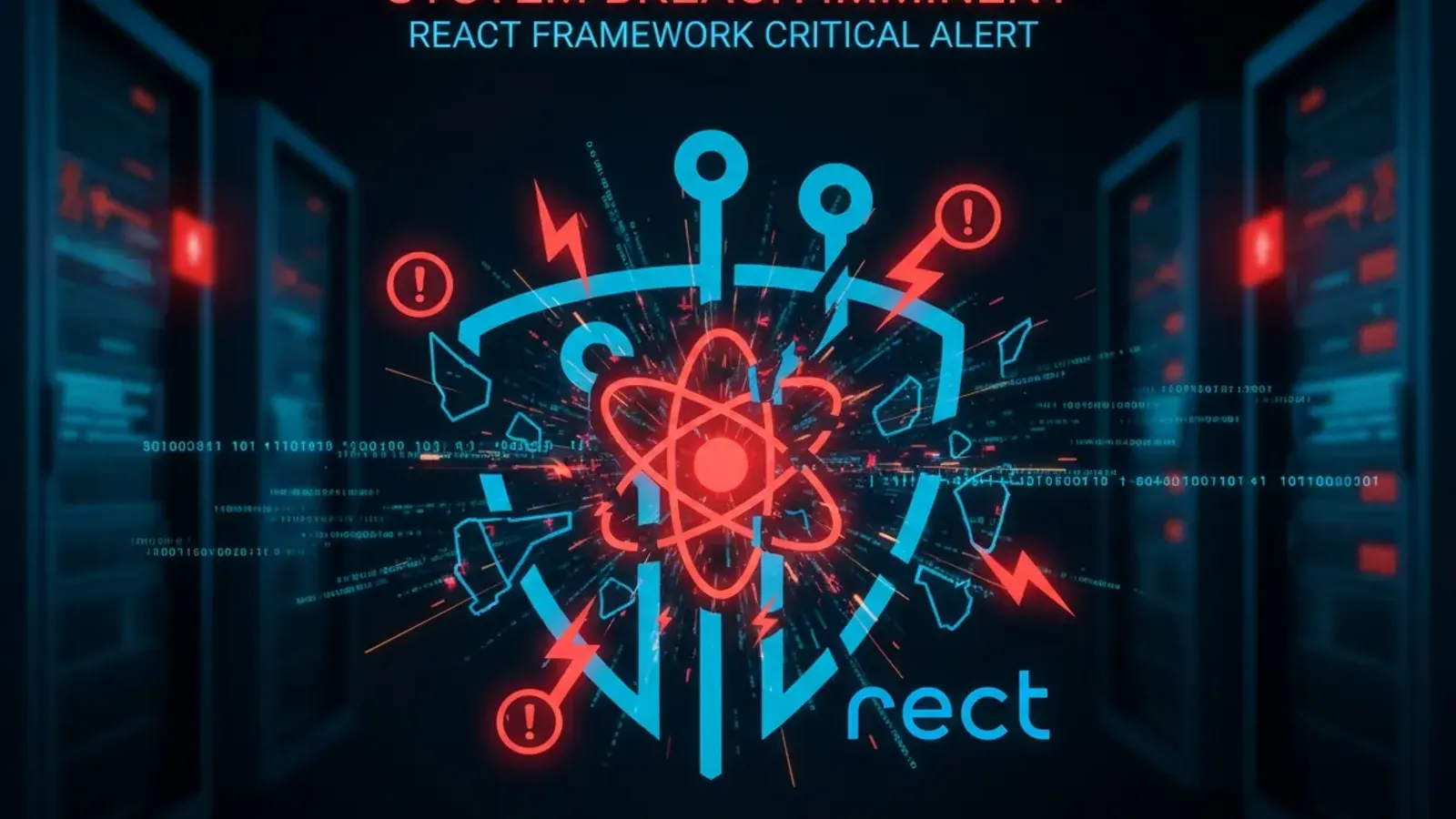 Illustration depicting the React2Shell critical security vulnerability, showing a fragmented React logo surrounded by red warning indicators and cybersecurity shield elements against a dark digital background representing srv infrastructure under threat