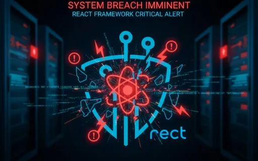 Illustration depicting the React2Shell critical security vulnerability, showing a fragmented React logo surrounded by red warning indicators and cybersecurity shield elements against a dark digital background representing srv infrastructure under threat