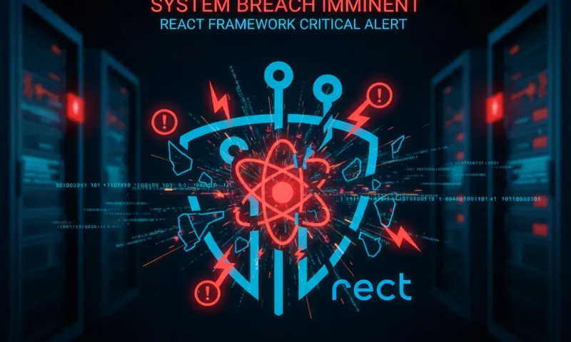 Illustration depicting the React2Shell critical security vulnerability, showing a fragmented React logo surrounded by red warning indicators and cybersecurity shield elements against a dark digital background representing srv infrastructure under threat