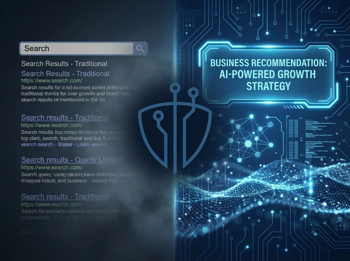 Split-screen visualization showing the evolution from traditional search engine results to AI-powered business recommendations, with abstract data flow elements representing the transformation to generative engine optimization.