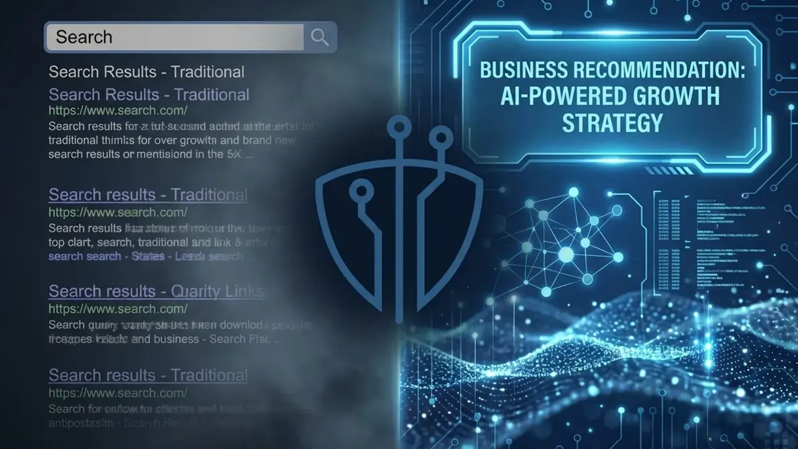 Split-screen visualization showing the evolution from traditional search engine results to AI-powered business recommendations, with abstract data flow elements representing the transformation to generative engine optimization.