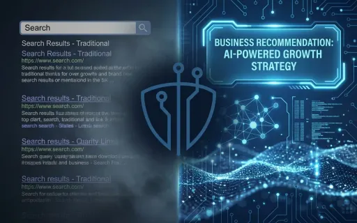 Split-screen visualization showing the evolution from traditional search engine results to AI-powered business recommendations, with abstract data flow elements representing the transformation to generative engine optimization.