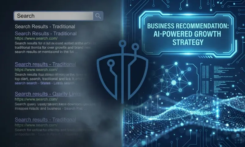 Split-screen visualization showing the evolution from traditional search engine results to AI-powered business recommendations, with abstract data flow elements representing the transformation to generative engine optimization.