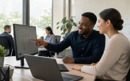 Two coworkers review a desktop monitor together in a bright office