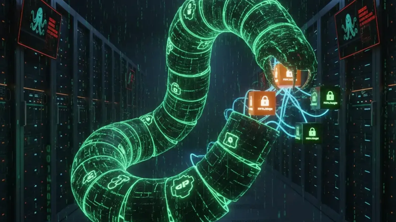 Diagram illustrating the Shai-Hulud NPM worm attack flow: showing initial package infection, credential harvesting with TruffleHog, automatic propagation to other NPM packages, and data exfiltration to public GitHub repositories. The visualization demonst