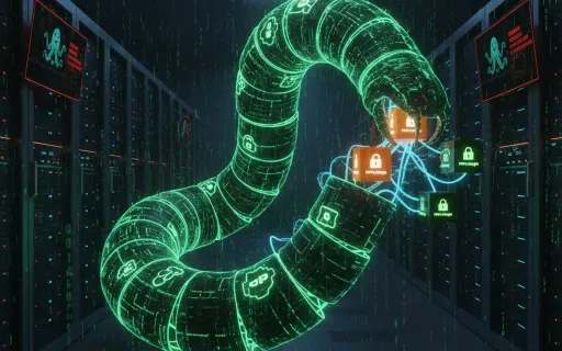 Diagram illustrating the Shai-Hulud NPM worm attack flow: showing initial package infection, credential harvesting with TruffleHog, automatic propagation to other NPM packages, and data exfiltration to public GitHub repositories. The visualization demonst