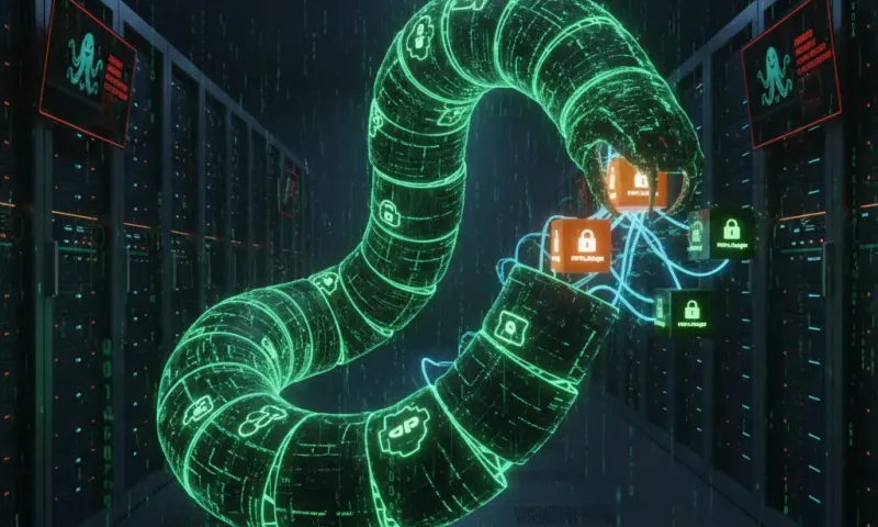 Diagram illustrating the Shai-Hulud NPM worm attack flow: showing initial package infection, credential harvesting with TruffleHog, automatic propagation to other NPM packages, and data exfiltration to public GitHub repositories. The visualization demonst