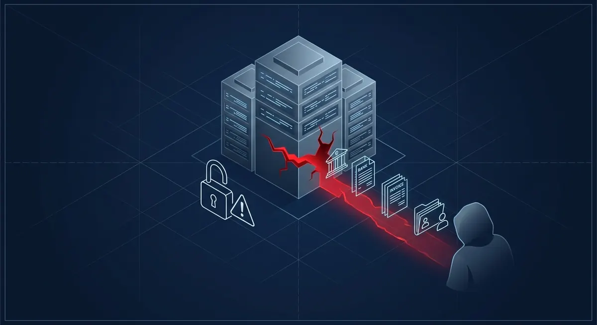 Isometric illustration of bank records and payment files flowing out of a breached financial server toward a shadowy figure