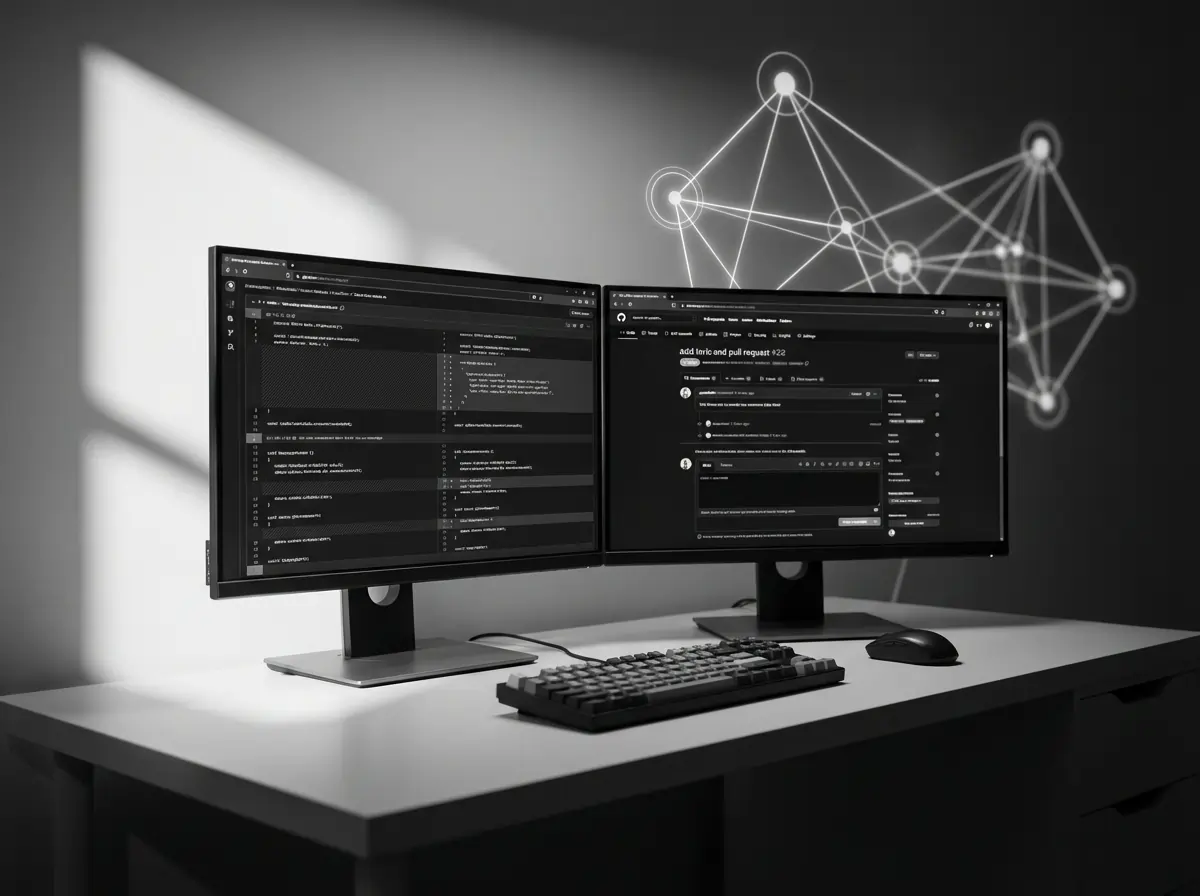Developer workspace showing automated pull request review interface with GitHub MCP server architecture visualization connecting AI tools to code repositories.