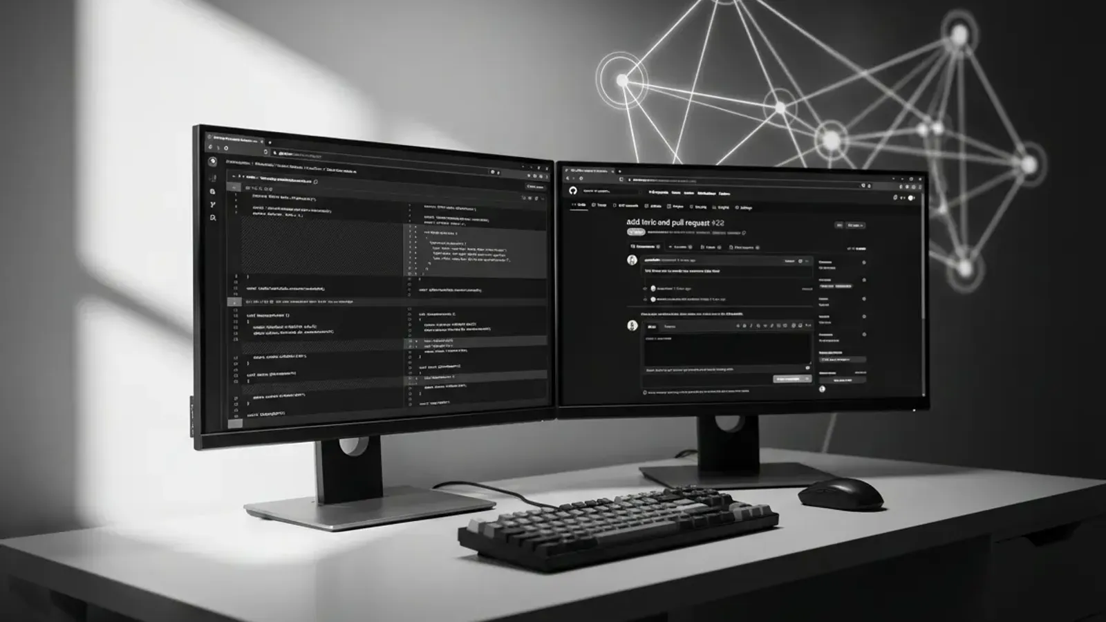 Developer workspace showing automated pull request review interface with GitHub MCP server architecture visualization connecting AI tools to code repositories.