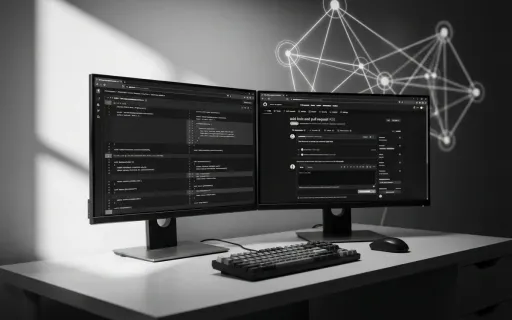 Developer workspace showing automated pull request review interface with GitHub MCP server architecture visualization connecting AI tools to code repositories.