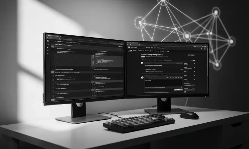 Developer workspace showing automated pull request review interface with GitHub MCP server architecture visualization connecting AI tools to code repositories.