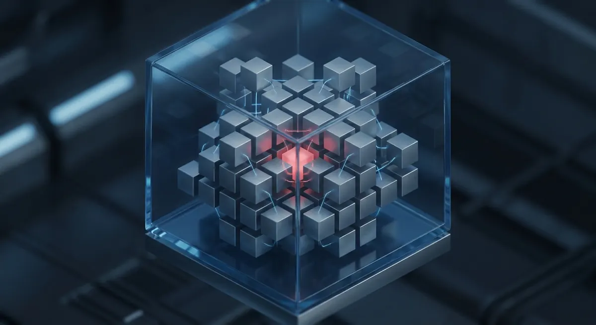 Conceptual illustration of a Java application archive with a small deeply nested dependency glowing as the weak link
