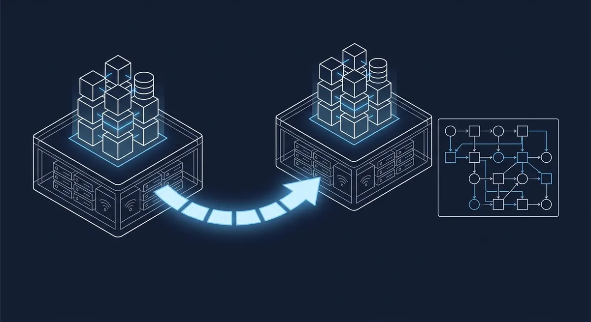 Isometric diagram showing an application replicated across two cloud regions with a failover path and a dependency map