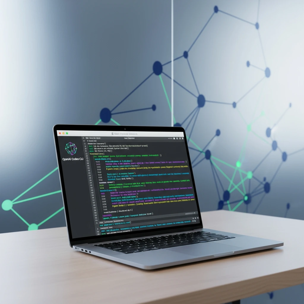 Modern macOS terminal displaying OpenAI Codex CLI interface with syntax-highlighted code on MacBook Pro, featuring AI neural network patterns and professional workspace setup, illustrating AI-powered development tools