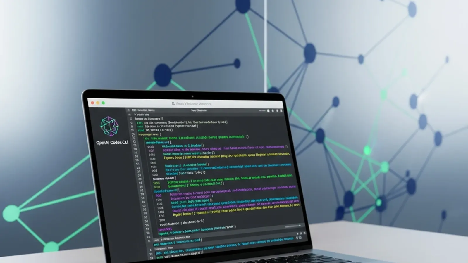 Modern macOS terminal displaying OpenAI Codex CLI interface with syntax-highlighted code on MacBook Pro, featuring AI neural network patterns and professional workspace setup, illustrating AI-powered development tools