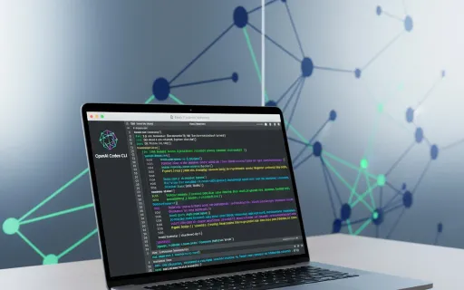 Modern macOS terminal displaying OpenAI Codex CLI interface with syntax-highlighted code on MacBook Pro, featuring AI neural network patterns and professional workspace setup, illustrating AI-powered development tools