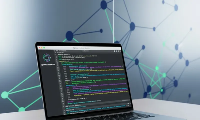 Modern macOS terminal displaying OpenAI Codex CLI interface with syntax-highlighted code on MacBook Pro, featuring AI neural network patterns and professional workspace setup, illustrating AI-powered development tools