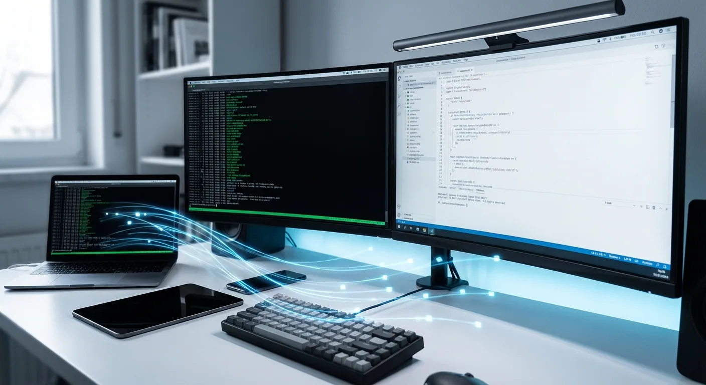 Developer workstation with dual monitors showing terminal-based AI coding tools and interconnected data streams representing cross-platform agent skill compatibility