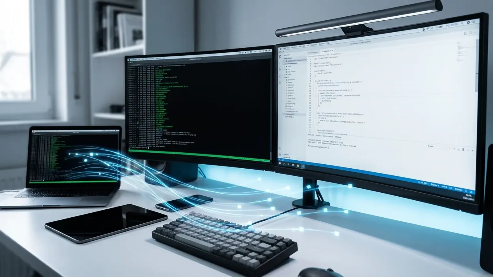Developer workstation with dual monitors showing terminal-based AI coding tools and interconnected data streams representing cross-platform agent skill compatibility