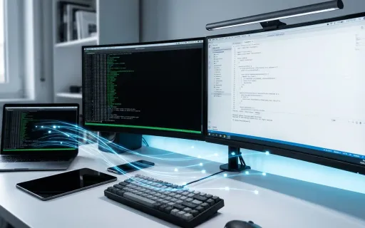 Developer workstation with dual monitors showing terminal-based AI coding tools and interconnected data streams representing cross-platform agent skill compatibility