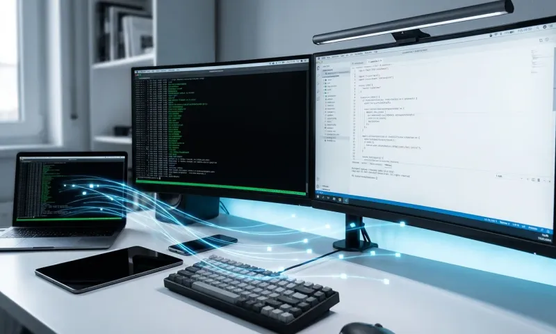 Developer workstation with dual monitors showing terminal-based AI coding tools and interconnected data streams representing cross-platform agent skill compatibility