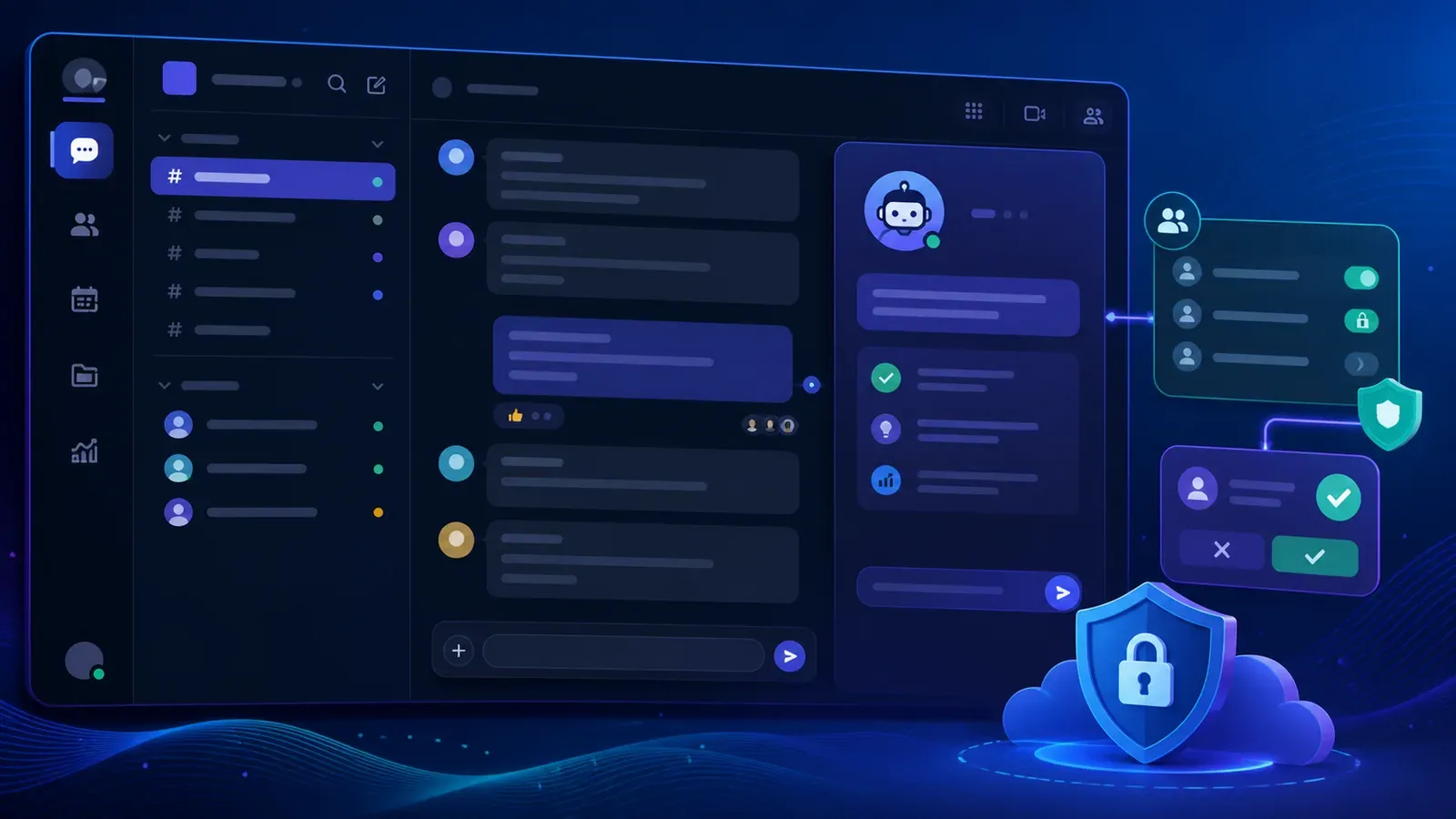 Illustrated team collaboration workspace with a native AI assistant panel, permission controls, approval checks, and security safeguards.