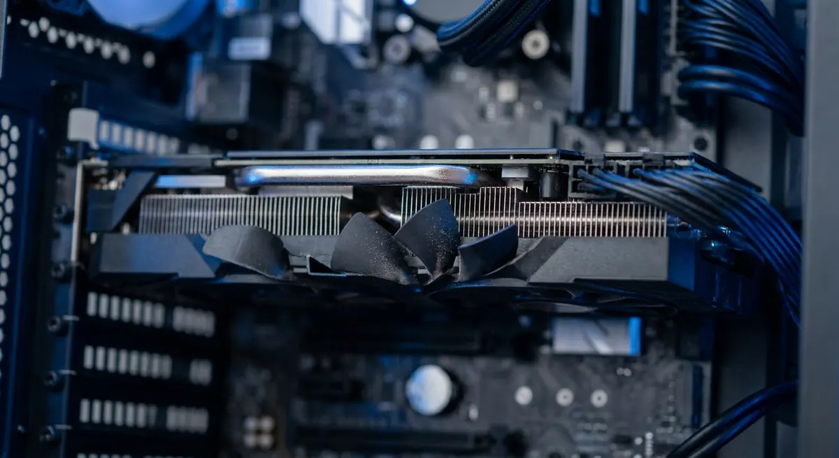 Close-up of a high-end desktop GPU graphics card, the component that determines which DeepSeek R1 model size you can run