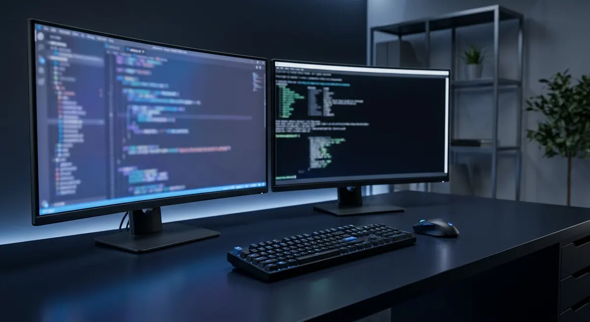 Developer workstation with an IDE on one monitor and a terminal on another, representing using both inline and agentic tools