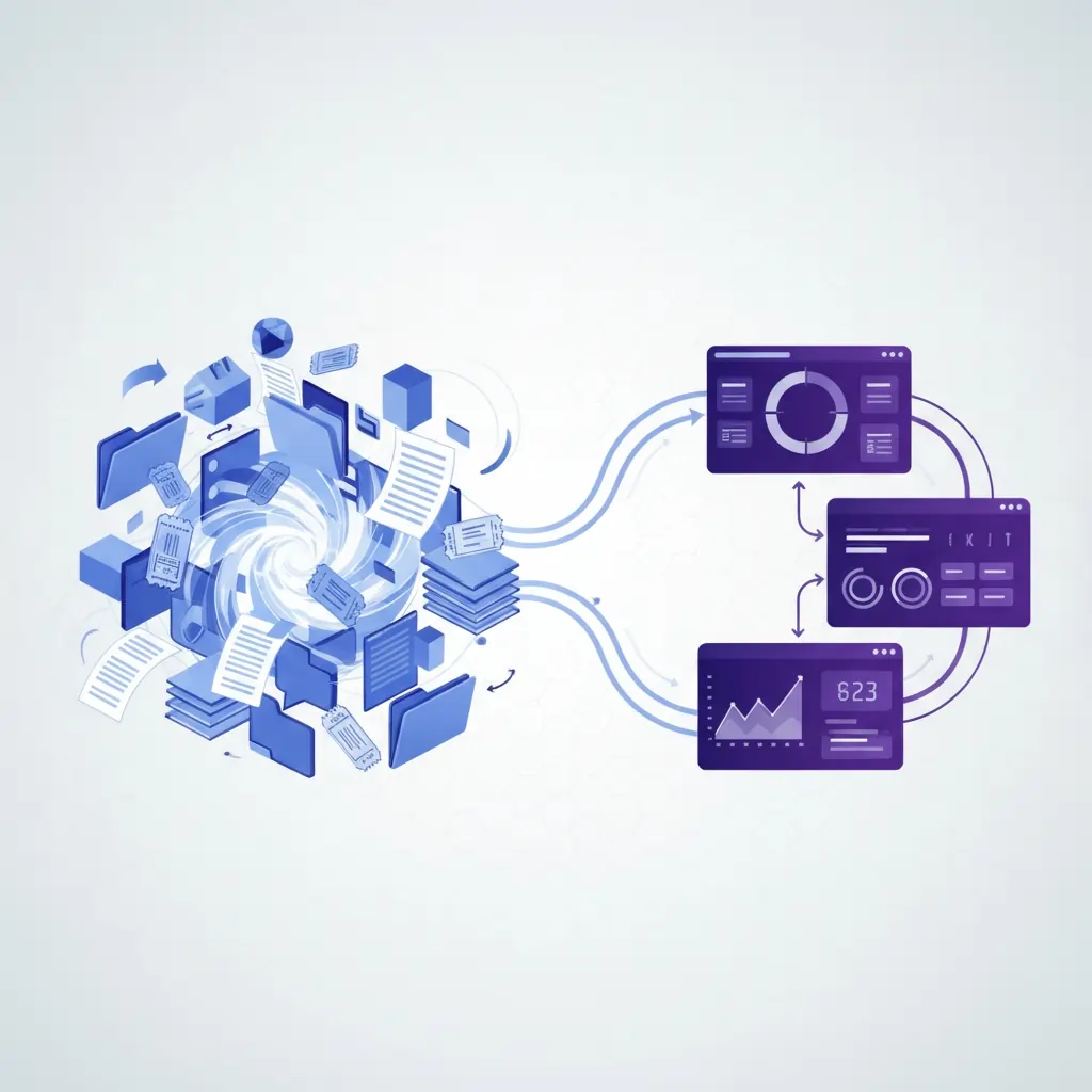 Professional digital illustration depicting PSA system migration with organized data flowing from legacy system to modern streamlined platform, representing successful ConnectWise to HaloPSA transition with strategic planning and methodology