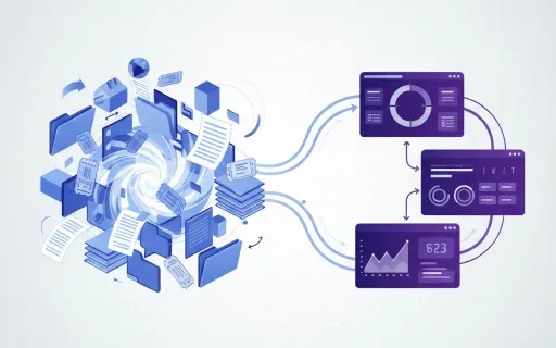 Professional digital illustration depicting PSA system migration with organized data flowing from legacy system to modern streamlined platform, representing successful ConnectWise to HaloPSA transition with strategic planning and methodology