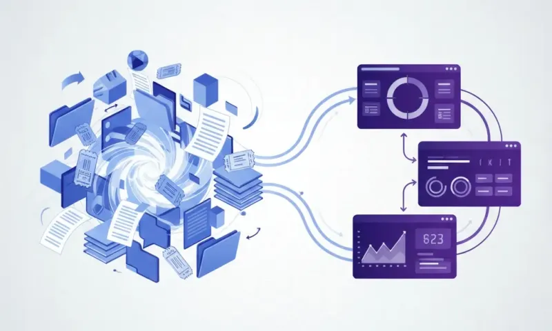 Professional digital illustration depicting PSA system migration with organized data flowing from legacy system to modern streamlined platform, representing successful ConnectWise to HaloPSA transition with strategic planning and methodology