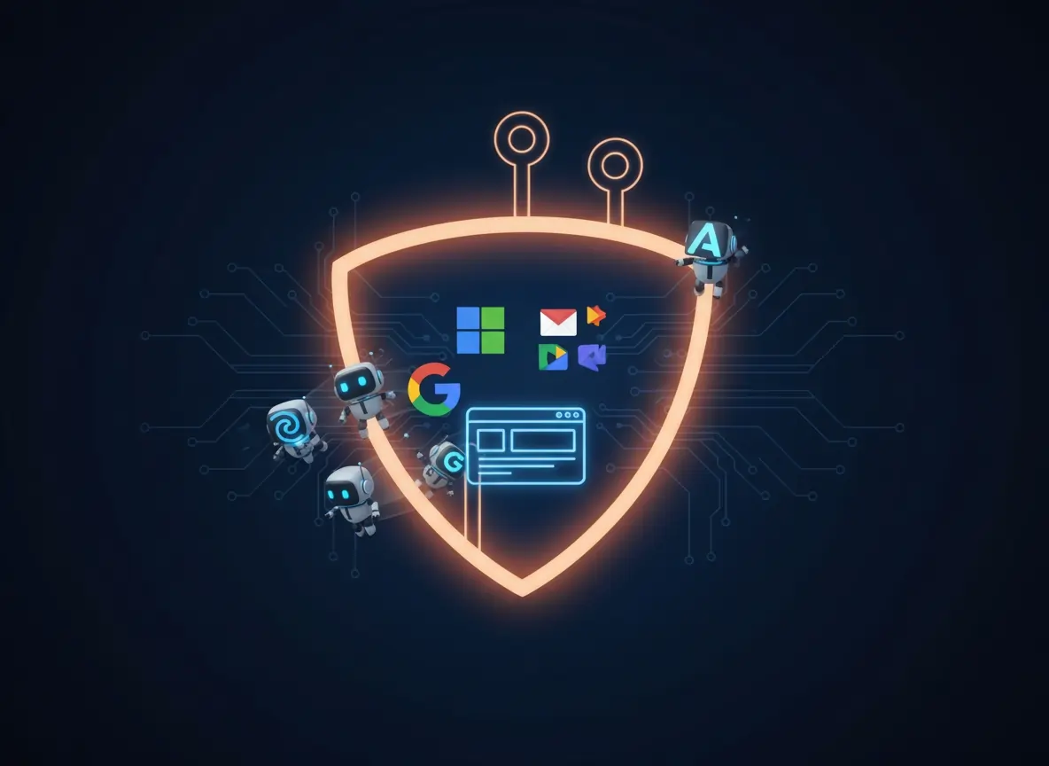 Digital illustration of a protective shield blocking AI training bot crawlers from accessing business website and cloud services, representing enterprise data protection against unauthorized AI data harvesting.