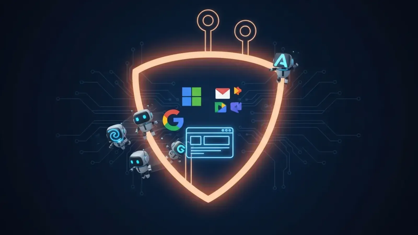 Digital illustration of a protective shield blocking AI training bot crawlers from accessing business website and cloud services, representing enterprise data protection against unauthorized AI data harvesting.
