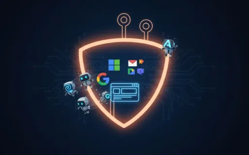 Digital illustration of a protective shield blocking AI training bot crawlers from accessing business website and cloud services, representing enterprise data protection against unauthorized AI data harvesting.