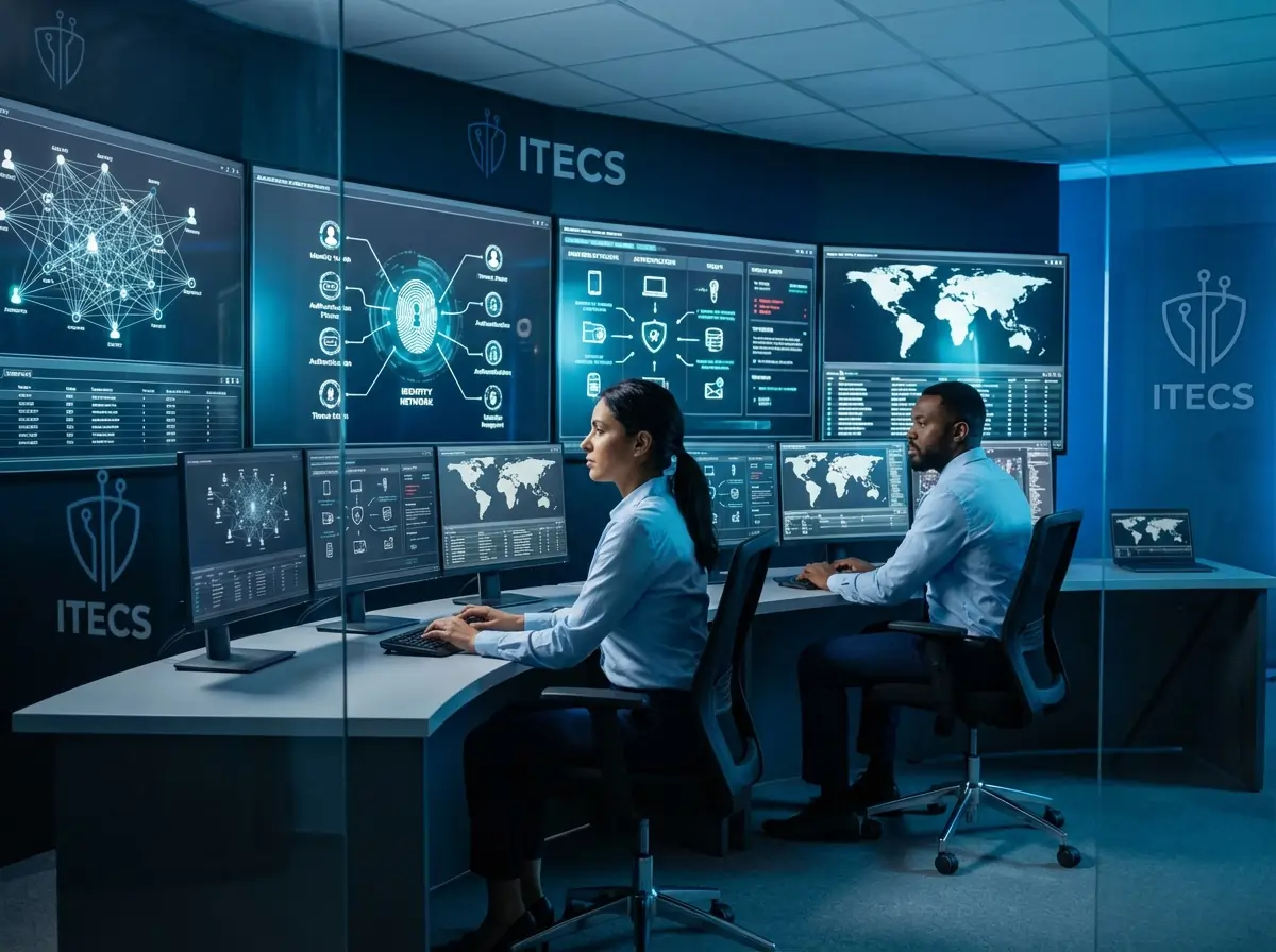 ITECS cybersecurity professionals monitoring identity threat detection systems in a modern security operations center, analyzing authentication patterns and credential-based attack indicators on multiple display screens.