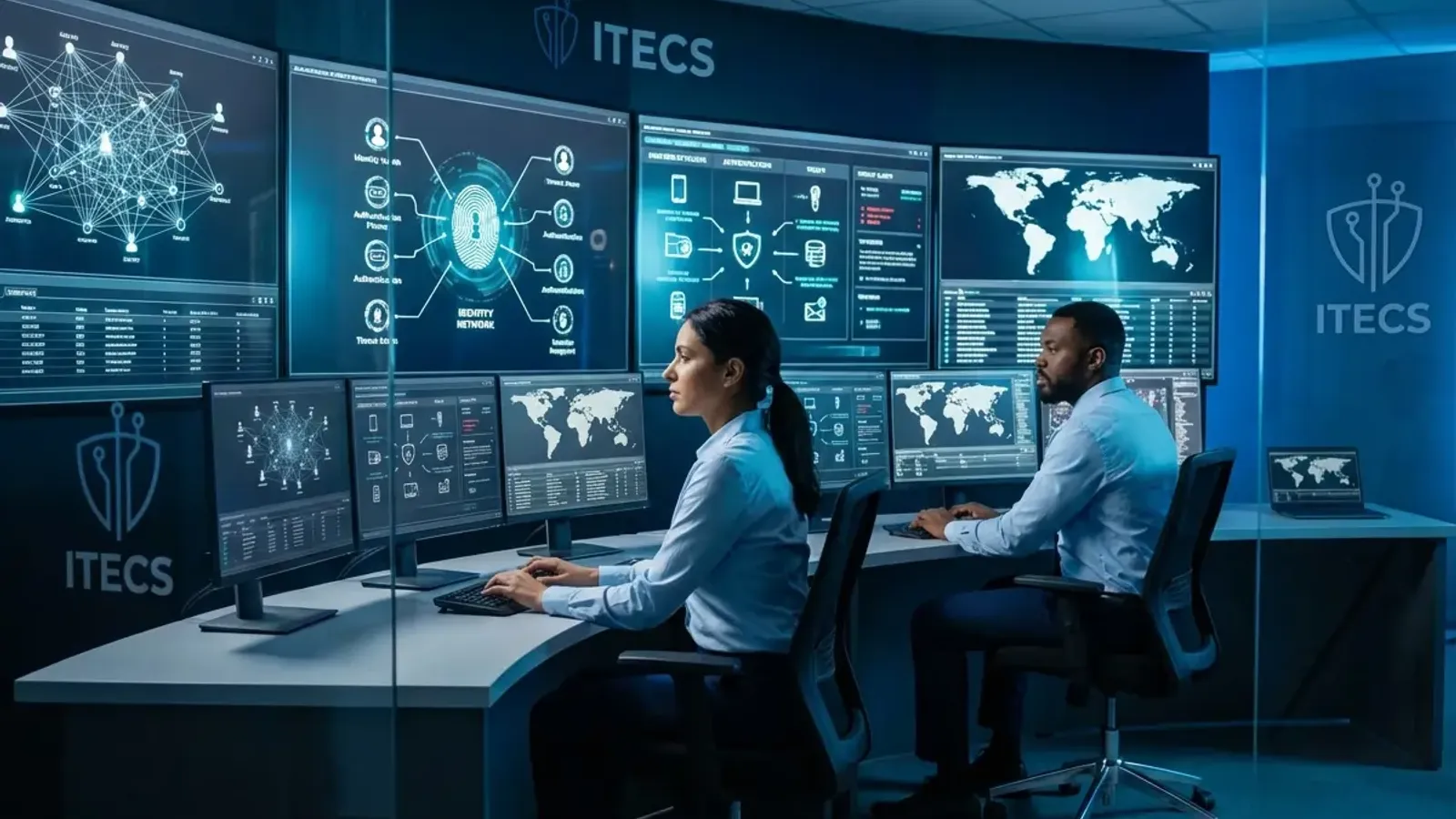 ITECS cybersecurity professionals monitoring identity threat detection systems in a modern security operations center, analyzing authentication patterns and credential-based attack indicators on multiple display screens.