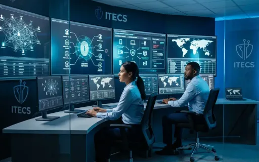 ITECS cybersecurity professionals monitoring identity threat detection systems in a modern security operations center, analyzing authentication patterns and credential-based attack indicators on multiple display screens.