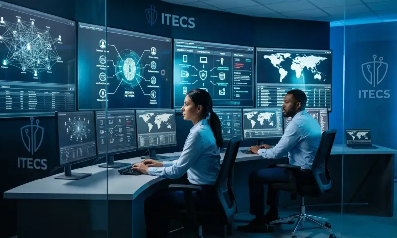 ITECS cybersecurity professionals monitoring identity threat detection systems in a modern security operations center, analyzing authentication patterns and credential-based attack indicators on multiple display screens.