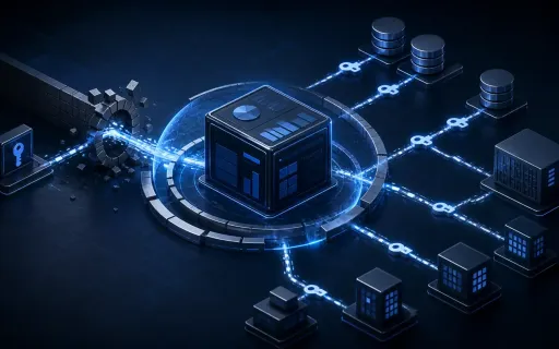 Isometric security diagram showing a compromised BI analytics hub connected through exposed credentials to databases, a warehouse, and business systems inside a closing isolation ring