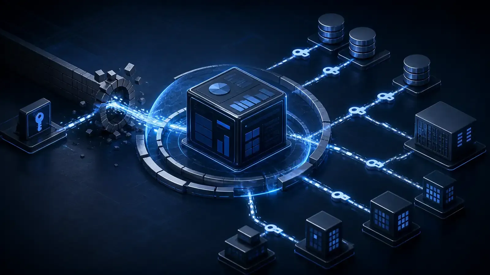 Isometric security diagram showing a compromised BI analytics hub connected through exposed credentials to databases, a warehouse, and business systems inside a closing isolation ring