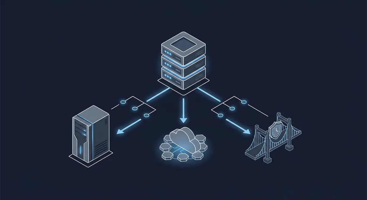 Isometric diagram showing three migration paths from a legacy database: upgrade to a modern server, migrate to cloud, or a bridge with a shield and clock