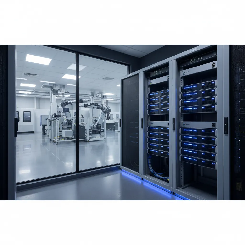 Enterprise firewall infrastructure in a manufacturing facility server room with blue LED indicators — representing CMMC-compliant network security